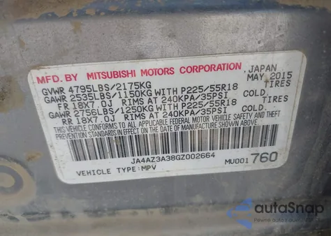 2016 Mitsubishi Outlander Se z USA, uszkodzony, nr VIN JA4AZ3A38GZ002664